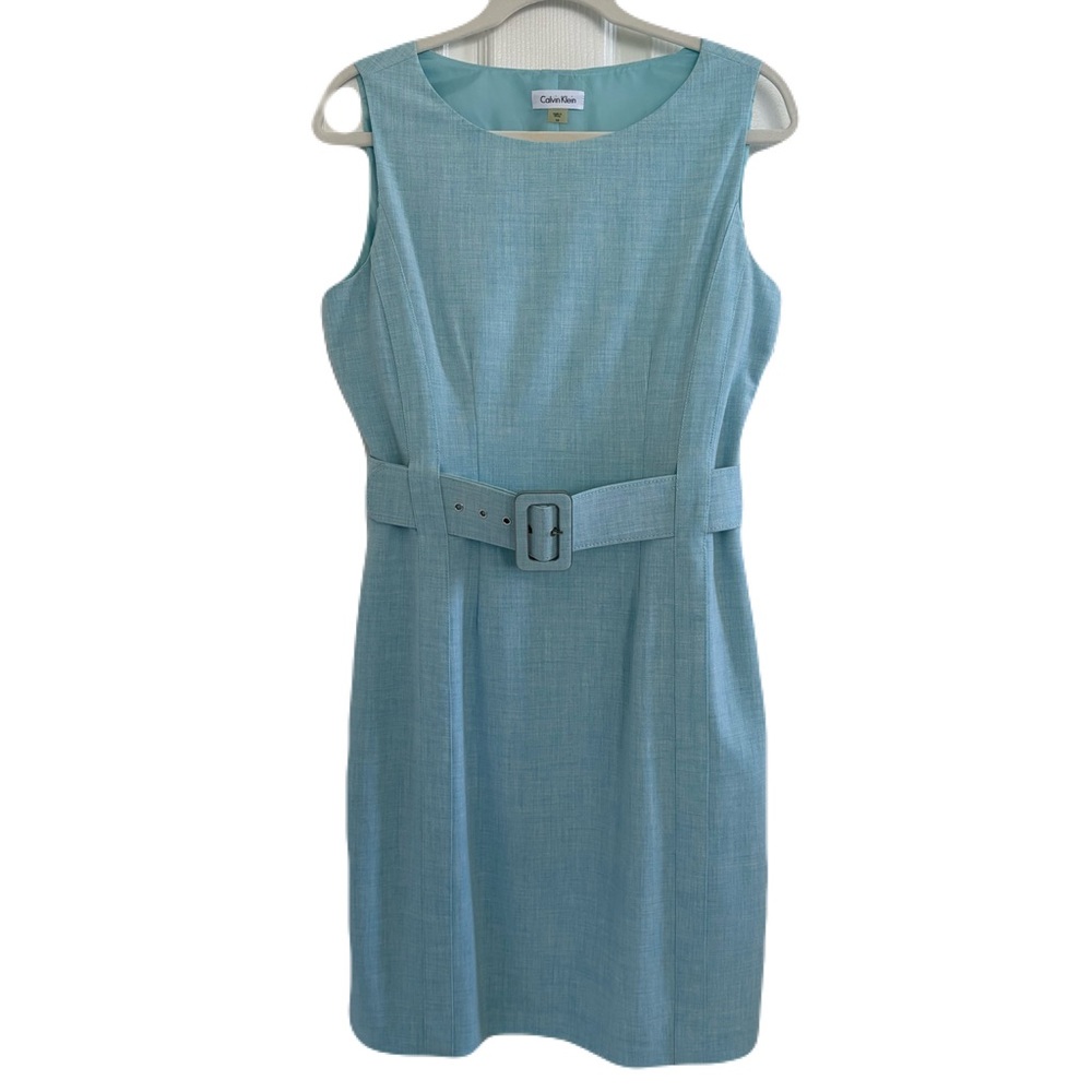 60s inspired Calvin Klein Powder Blue Sleeveless Belted Sheath Dress